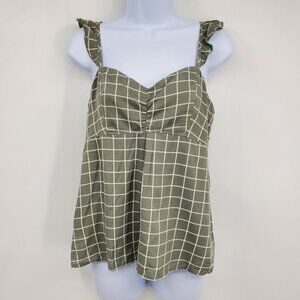 Abercrombie & Fitch Green Plaid Babydoll Top Smocked Back Ruffle Sleeve Shirt M